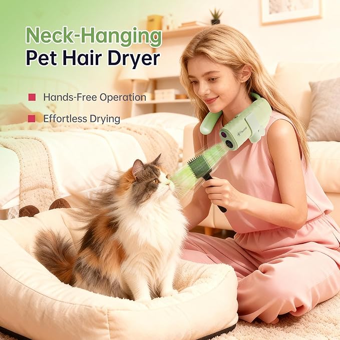 Dog Dryer for Pet Grooming,Pet Neck-Hanging Hair Dryer,Alternating Hot and Cold Airflow.Handheld & Hands-Free.Low-Noise, Ultra-Lightweight.High Wind Speeds.Adjustable Heat & Speed Green