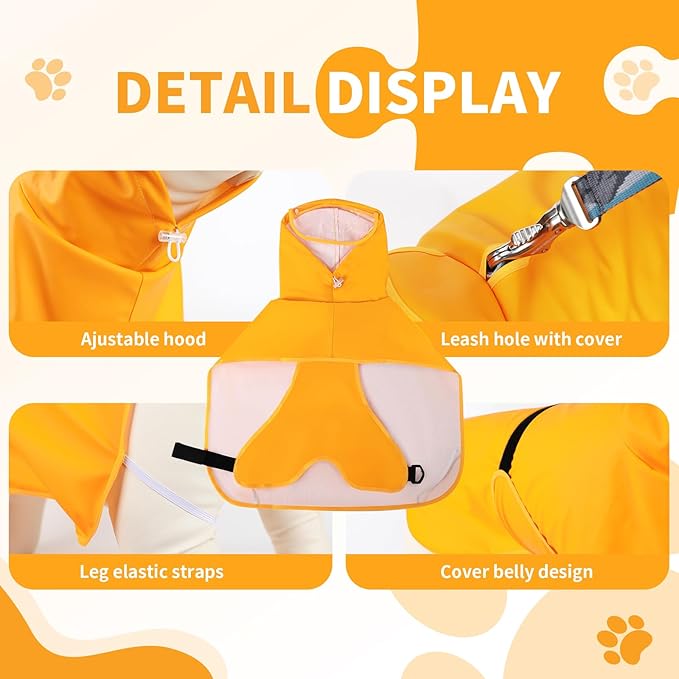 Dog Raincoat, Waterproof Windproof Dog Rain Jacket with Hood, Rain Coat with Leash Hole, Adjustable Raincoat Poncho for Small Medium Large Dogs Outdoor (Yellow, M)