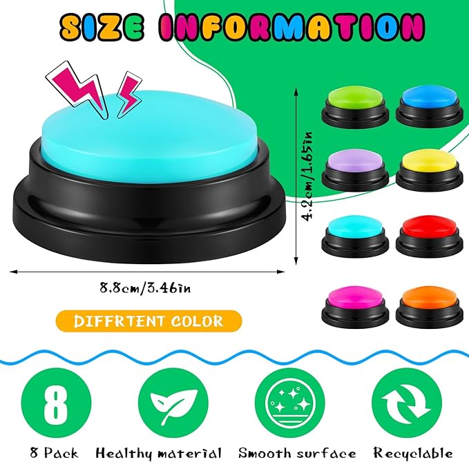 Honoson 8 Pieces Recordable Answer Buzzers Button for Trivia Games Show Buzzers Recording Buttons Gifts for Classroom Team(Novelty Color)