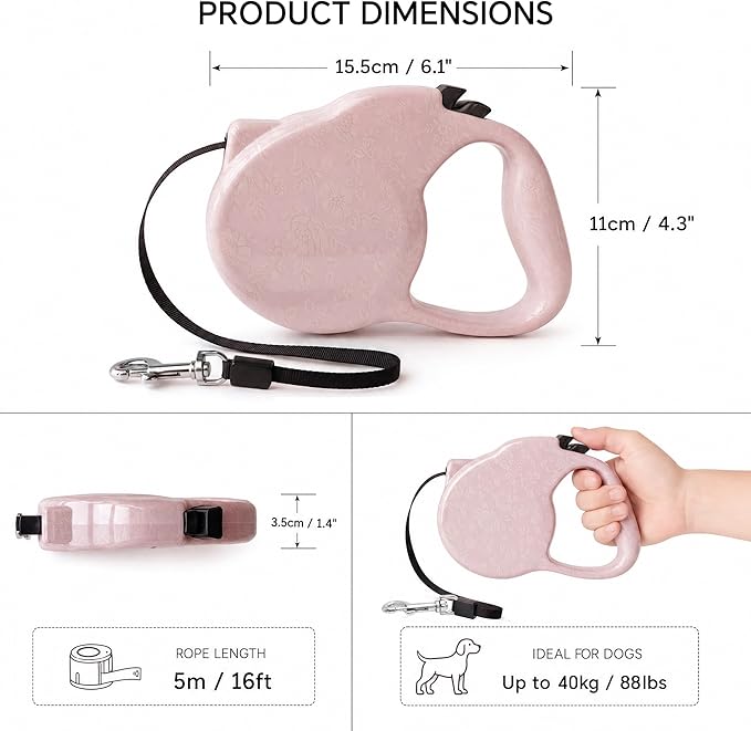 Pink Retractable Dog Leash with Print for Small Dogs & Puppies – Cute Pet Leash for Little Puppy, Cat, and Medium Sized Dog, Ideal for Girls Walking (Pink Print-Small)