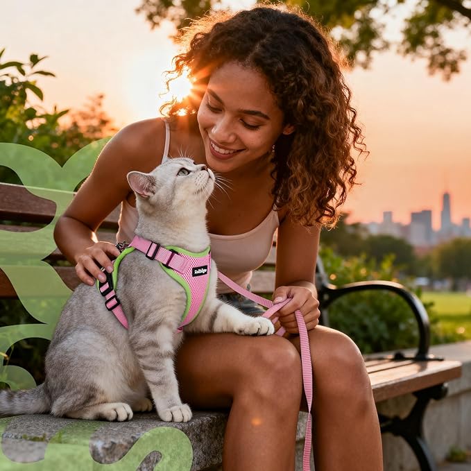 rabbitgoo Cat Harness and Leash Set, Escape Proof Vest Harness for Safe Outdoor Walks, Soft Breathable Adjustable Vest with Reflective Strips for Average to Large Cats, Pink & Light Green, M