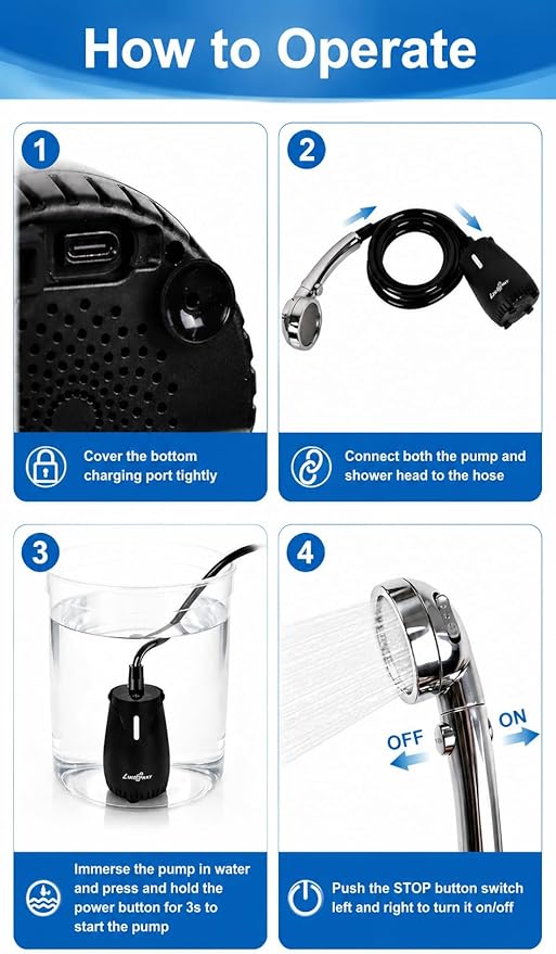 LIBERRWAY Portable Shower for Camping, 8000mAh Rechargeable Camping Shower Pump with LED Display&Ambient Light, 5 Pressure Modes, IPX8 Waterproof, Outdoor Shower Kit for Hiking,Travel, Car, Pet