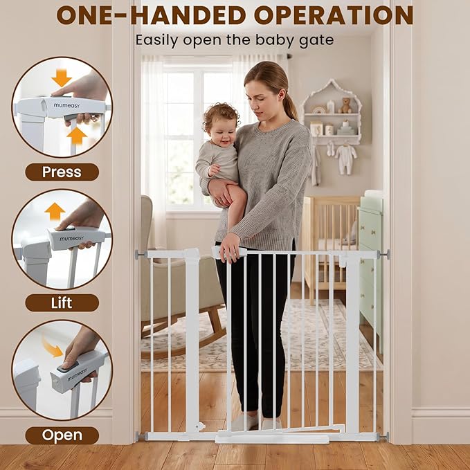 Mumeasy 29.7-40.6" Baby Gate for Stairs, Auto Close Dog Gate for Doorways, Pressure Mounted No Drill Pet Gate with Easy Walk Thru Door, Double Lock, White