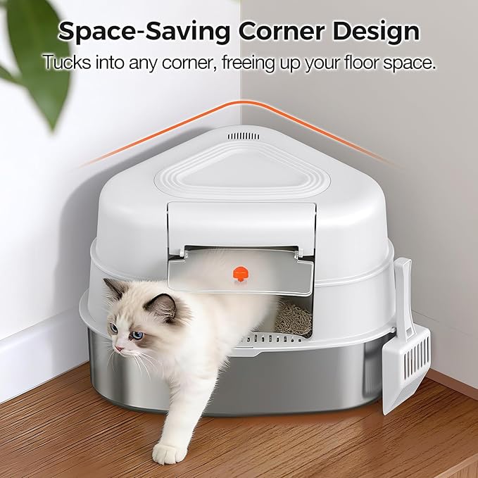 Chumajor XXL Stainless Steel Corner Cat Litter Box with Lid - Sturdy, No Odor & Space-Saving Hidden Design for Large Cats, White