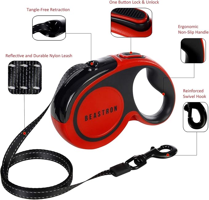 Upgraded Retractable Dog Leash, 16" Extra Long Tangle-Free Reflective Nylon, Small to Medium Dogs up to 110lbs, Waste Bags and Dispenser Included (Red)