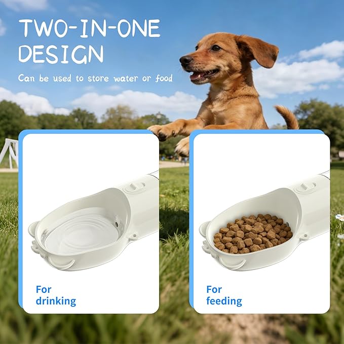 YFL Dog Water Bottle Portable with Food Container - 2 in 1 Leak Proof Drinking Cup and Food Container with Crossbody Strap, for Puppy Small Medium Dogs Walking Hiking Travel and Camping (White)