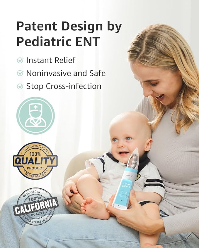 GROWNSY Nasal Aspirator for Baby with Protection Mode, Electric Nose Suction for Baby, Automatic Baby Nose Sucker with 3 Silicone Tips, Adjustable Suction Level, Music and Light Soothing Function