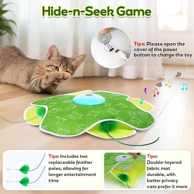 Saolife Interactive Cat Toys with Moving Feather Concealed in Mat, Rechargeable Cat Exercise Toys for Bored Cats with Motion Activated, Mouse Squeaky (Green)