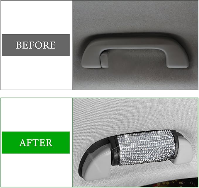 Wevdn 2 PCS Car Grab Handle Cover, Bling Rhinestone Handcraft Auto Door Handle Protector, Soft PU Leather Seat Belt Covers for Women Girls, Interior Accessories for Most Cars (White)