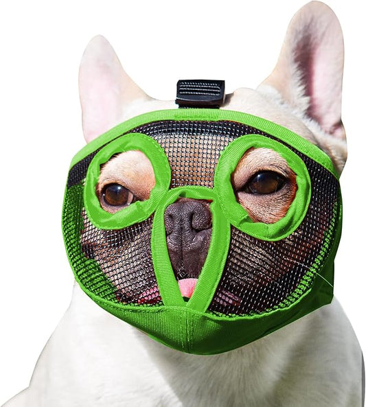 Short Snout Dog Muzzles- Adjustable Breathable Mesh Bulldog Muzzle for Biting Chewing Licking Grooming Dog Mask,Green S