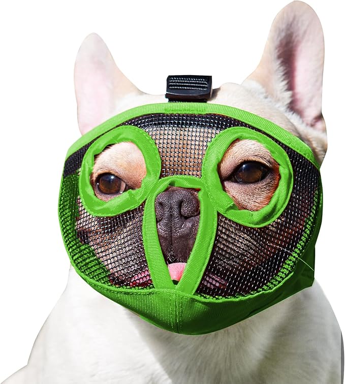 Short Snout Dog Muzzles- Adjustable Breathable Mesh Bulldog Muzzle for Biting Chewing Licking Grooming Dog Mask,Green M