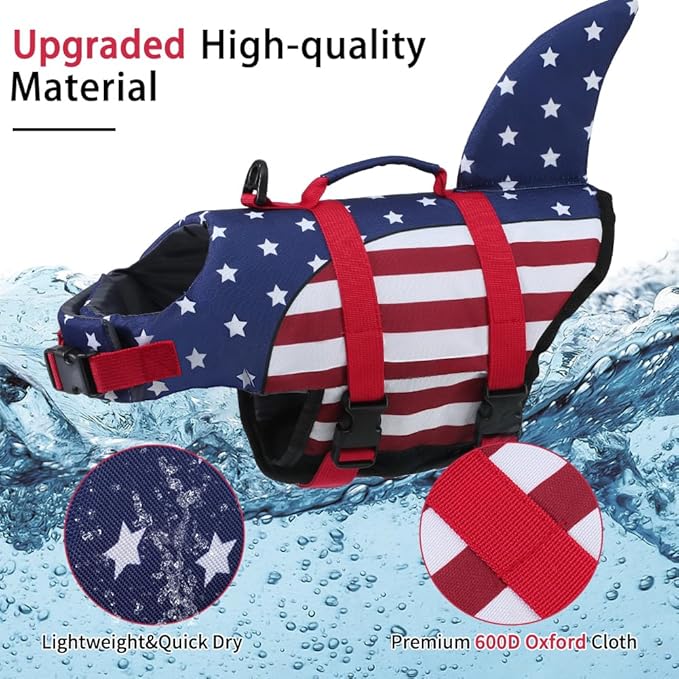 EMUST Large Dog Life Jacket, Dog Life Vests for Swimming, Small/Medium/Large Dog Life Preserver with Rescue Handle, Adjustable Pet Flotation Vest for Water at Pool, Beach, Boating (XL,FlagShark)
