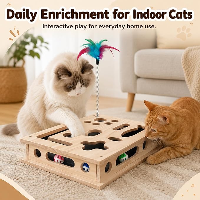 Large Cat Nail File Box for Cats, Wooden Cat Scratch Puzzle Enrichment Box with Sandpaper Liner, Feather Wand & 3 Balls, Interactive Cat Toy for Indoor Cats