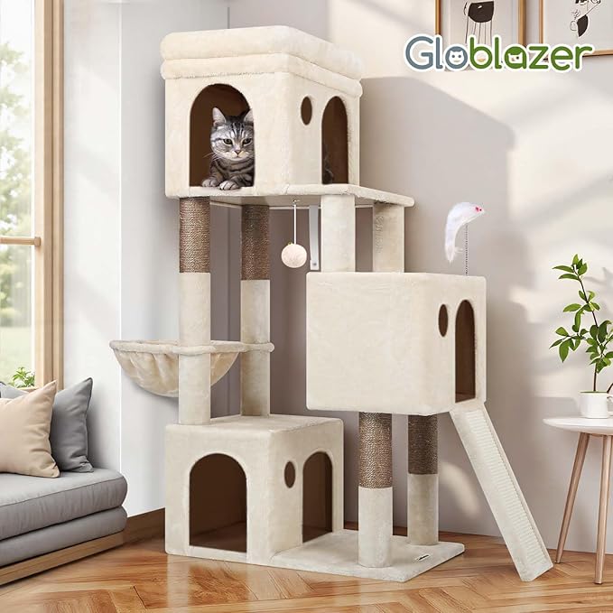 Globlazer 52in Cat Tower for Multiple Indoor Cats, Heavy Duty Multi-Level Cat Tree with 3 Cozy Condos, 4 Natural Sisal Scratching Posts and Cozy Basket Bowl, F52B, Beige