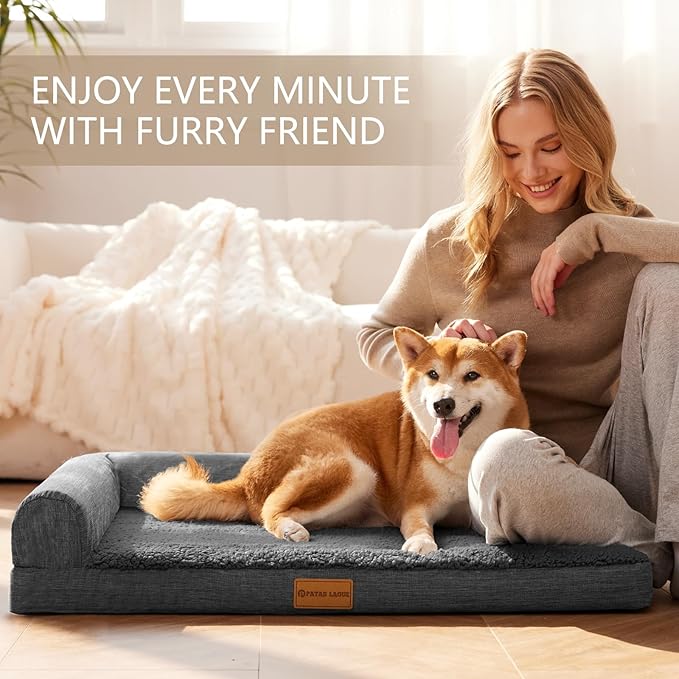 Patas Lague Orthopedic Dog Bed Medium Size Dog 30''X20'', Waterproof L Bolster Medium Pet Sofa Beds with Removable Washable Cover, Soft Comfortable Pet Couch Crate Mat with Nonskid Bottom, Dark Grey