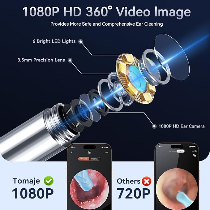 Tomaje Ear Wax Removal Tool Camera, Ear Cleaner with Camera, 1080P HD Ear Camera and 6 LED Light, Ear Wax Removal Kit with 6 Ear Pick, 6 Pcs Ear Set, Ear Camera Wax Removal for iOS & Android, Blue