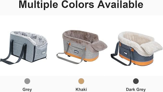 Pet Car Center Console Elevated Armrest Car Seat for Small Puppy, Dogs & Cats (Up to 10 lbs) – Dark Gray Washable Plush Carrier with Safety Leash, Fits Front Vehicle Console Space (Dark Grey)