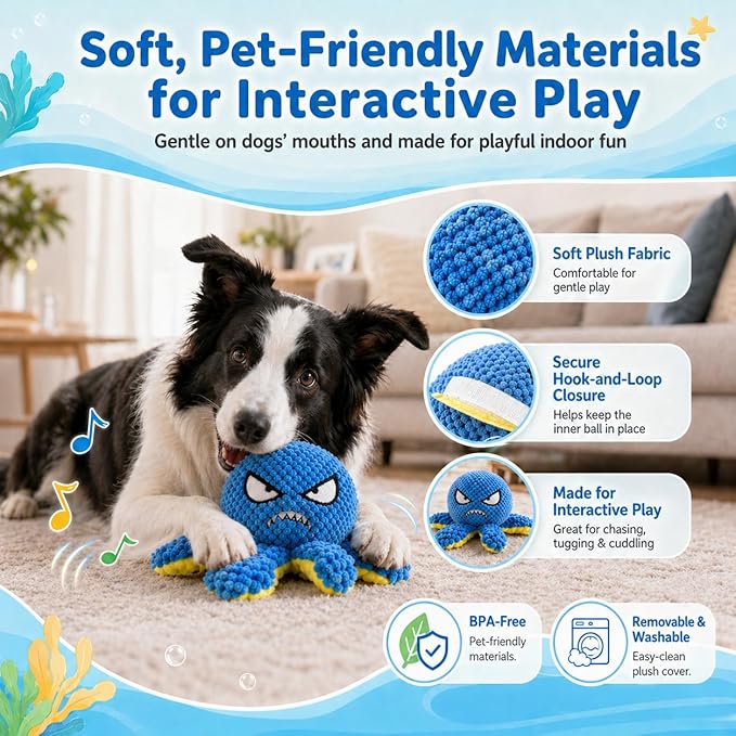 Interactive Dog Toys Octopus - Moving Dog Toys to Keep Them Busy, Rechargeable Automatic Music Bouncing Ball with 4 Play Modes, Squeaky Crinkle Plush Chew Toy for Small Medium Large Dogs