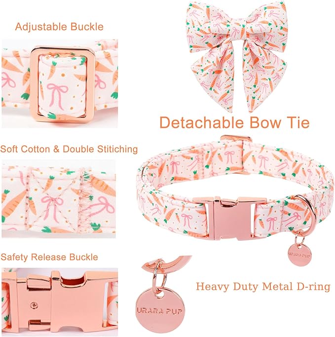 Easter Dog Collar with Bow Tie, Cotton Bunny Bowtie for Large Girl Boy Dog, Cute Rabbit Pet Collar with Metal Buckle, Gift, L