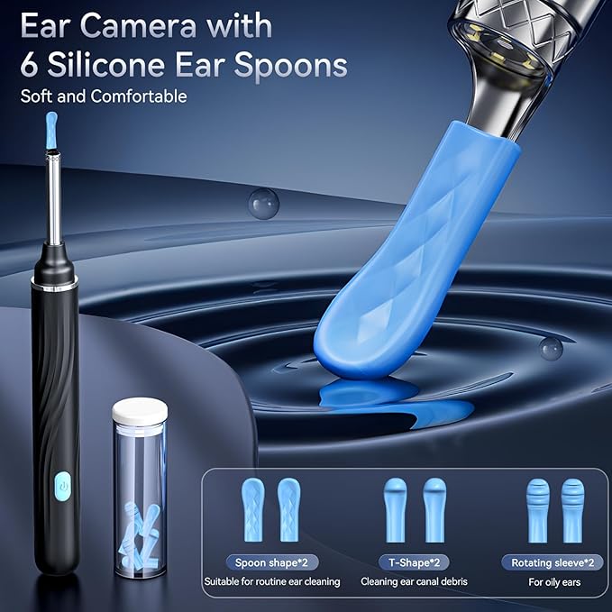 Tomaje Ear Wax Removal Tool Camera, Ear Cleaner with Camera, Ear Wax Removal Kit, 1080P HD Ear Camera, Earwax Removal Kit with Camera and 6 LED Light, 6 Ear Pick & Ear Set for iOS & Android, Black