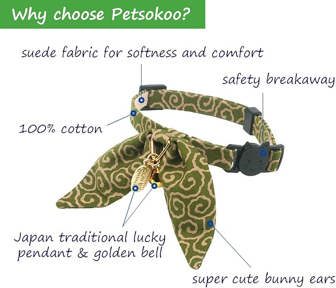 Bunny Ears Cat Collar, Japan Lucky ‘開三運’ Charm. Safety Breakaway Bowtie Kitten Collar with Bell, Green