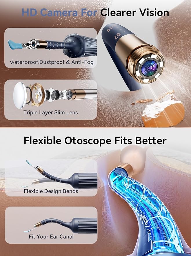 Ear Wax Removal Tool Camera: ZERONDER I35R Ear Cleaner with Flexible Ear Camera Otoscope - Visual Ear Pick Tweezers Wax Remover - Ear Cleaning Kit for Family
