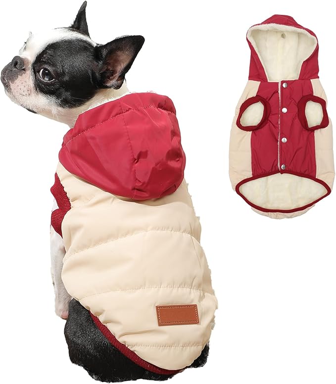 Vecomfy Fleece Lining Extra Warm Dog Hoodie in Winter for Medium Dogs Jacket Pet Coats with Hooded,Beige and Red L