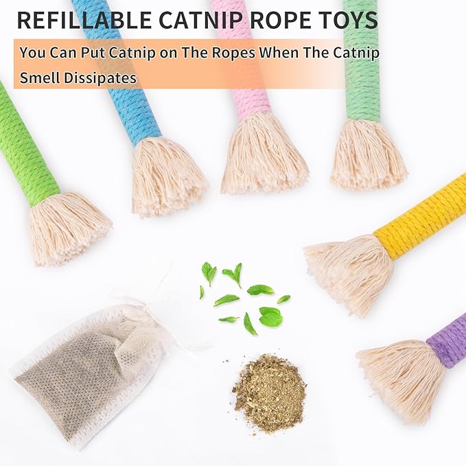 Retro Shaw 6Pcs Cat Chew Ropes with Refillable Natural Catnip,Safe Teeth Cleaning Toy for Indoor Kittens and Cats, Quiet Interactive Kicker String Toys