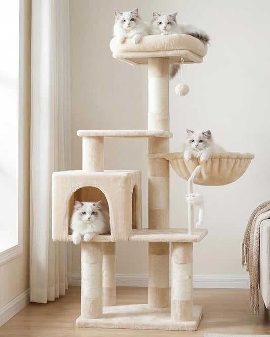 Heybly Cat Tree with Toy, Cat Tower condo for Indoor Cats, Cat House with Padded Plush Perch, Cozy Hammock and Sisal Scratching Posts, Beige HCT004SM
