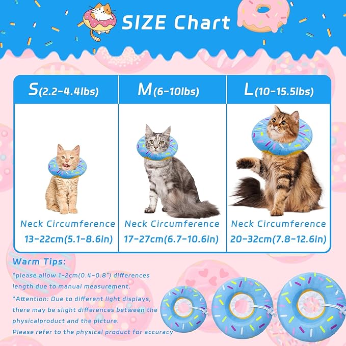 Seyezo Cat Cone Collar Soft, Adjustable Cat Recovery Collars Kitten Cones to Stop Licking, Cute Donut Neck Collar After Surgery, Elizabethan Kittens Protective Cones After Spay (Donut Blue, Large)