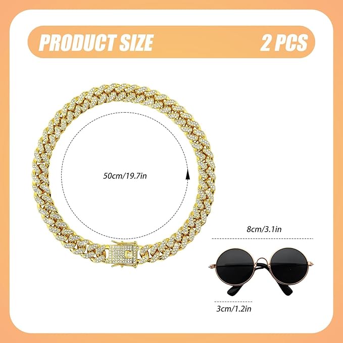 Dog Sunglasses with Rhinestone Chain Necklace, Cool Glasses Dog Collar Necklace for Cats Dogs Dolll, Golden Sunglasses Gold Chain Funny Costumes for Small Pet Holiday Party Costume