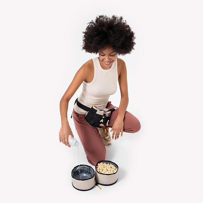 OllyDog Superbowl | Collapsible Dog Travel Bowl | 2-Compartment Food & Water | Foldable Portable Dog Dish | Hiking Camping Backpacking | Small Medium Large Dogs (Con Leche)
