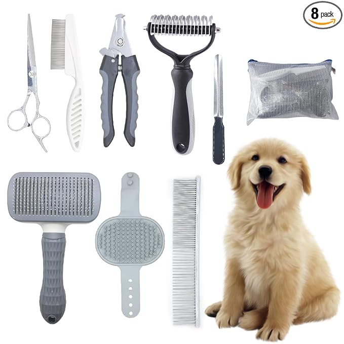 Pet Grooming Tools Kit for Dogs and Cats,8-in-One Home Pet Grooming Set,Includes Safety Scissors Set,Hair Removal Brush, Nail Clipper and File for Small Medium Large Dogs and Cats