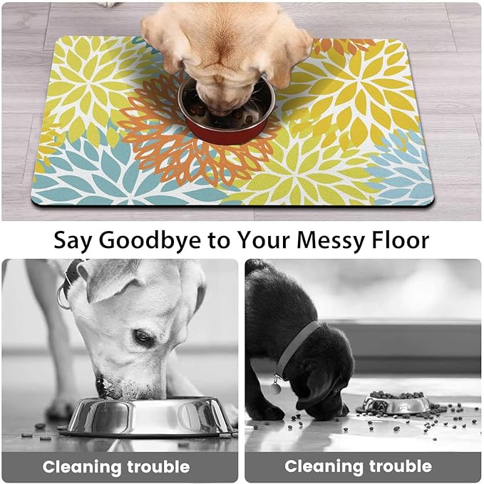 Dog Food Mats for Floors, Absorbent and Quick-Drying Pet Cat Food Mat,Anti-Fouling and Easy-to-Clean Pet Feeding Mat,Dog Bowl Mat for Messy Drinking Water Bowls.12x20, Bohemia Dahlia Floral Style
