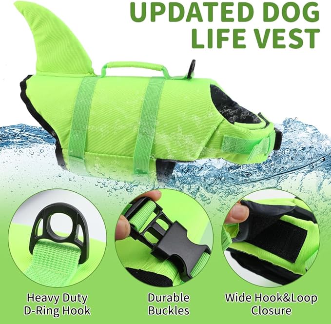EMUST Shark Life Jackets for Dogs, Adjustable Ripstop Dog Life Vest for Water Safety pet Life Vest with Rescue Handle Safety Vest for Swimming Pool Beach Boating, (L,SolidGreen)