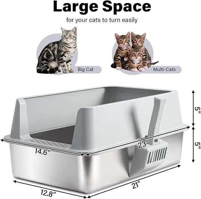 2PACK Stainless Steel Litter Box, Large Metal Cat Litter Box with High Sides Lid, Anti-Urine Leakage, Non-Sticky, Scoop and Mat Included