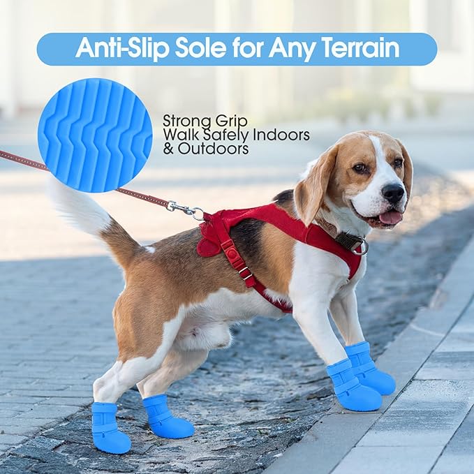 Dog Rain Boots Waterproof, 4PCS Dogs Shoes Non Slip Dog Boots & Paw Protectors, Easy On Rubber Doggie Booties Pet Shoes for Hot Pavement Snow Rain, Dog Rainboots for Small Medium Large Dogs, Blue M