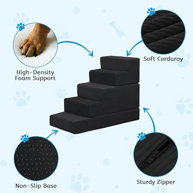 Dog Stairs for Small Dogs, 22" H Dog Steps for High Bed, 5 Steps 3 in 1 Foldable Pet Ramp for Large Cats Climb, Transformable Large Cats Ramp to Get on Couch, Non-Slip Balanced, Black