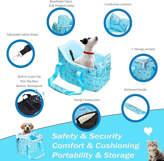 Console Dog Car Seat - Portable Dogs Armrest Booster Seat for Small Dog, Anti-Collapse Pet Car Seat with Soft Cushion Safety Belt, Support Pet Up to 11lbs (Blue Daisy)