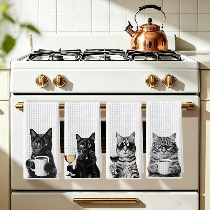 4 Pcs Funny Cat Kitchen Towels 24x14 Inch, Funny Reusable Dish Towels for Kitchen Coffee Station Wine Bar Decor, Waffle Weave Absorbent Hand Cloth Tea Towel, Cat Lover Gifts for Women Mom Friend