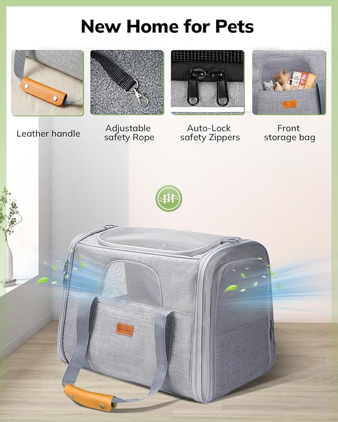 Morpilot Portable Cat Carrier - Soft Sided Cat Carrier for Medium Cats and Puppy up to 15lbs, Pet Carrier with Locking Safety Zippers, Foldable Bowl, Airline Approved Travel Dog Carrier - Light Gray