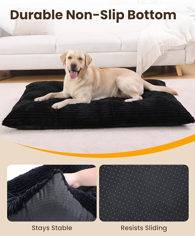 KSIIA Dog Crate Bed Washable Jumbo Dog Beds for Large Dogs Deluxe Thick Flannel Fluffy Comfy Kennel Pad Anti-Slip & Anti-Scratch Pet Sleeping Mat, 48 x 29 Inch, Black