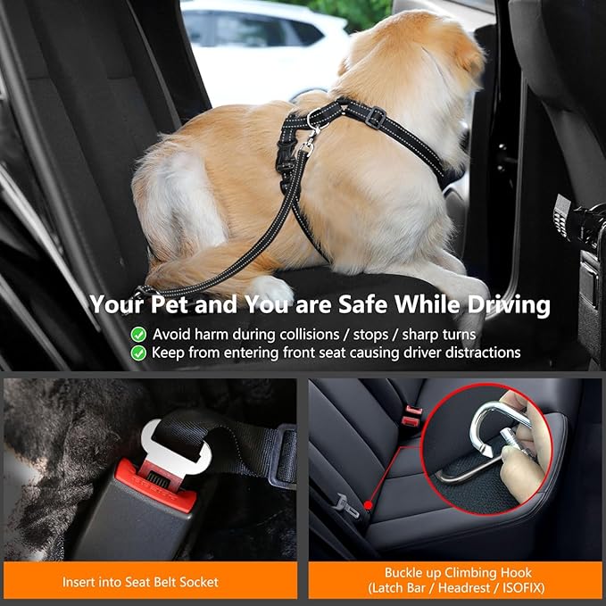 VavoPaw Dog Seat Belt Harness for Car, Adjustable Dog Car Harness Mesh Breathable & Dogs Seatbelt Safety Tether with Elastic Bungee for Small Medium Large Dogs (Carbon Black, M)