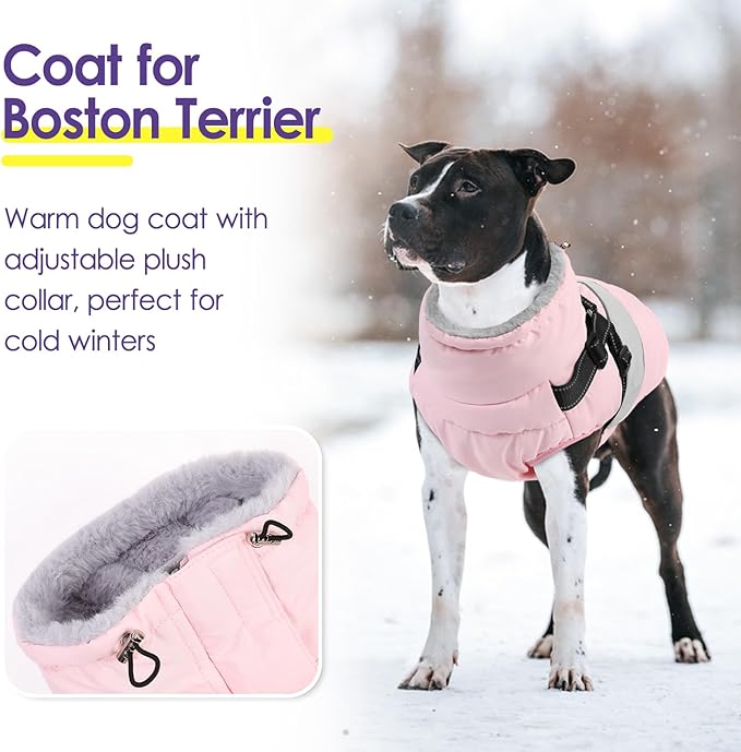 Dog Coat for Large Dogs, Warm Pet Jacket Winter with Harness Built in, Waterproof Pet Snow Jacket with Furry Collar, Reflective Fleece Snowsuit for Extra Large Dogs, Pink XL