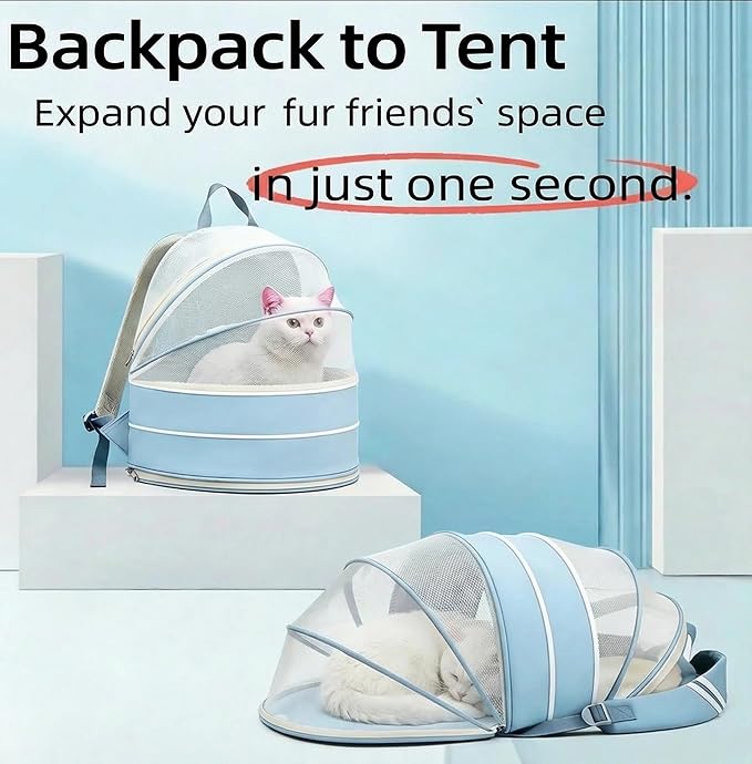 Pet Carrier Backpack for Cats and Small Dogs-Expandable Pet Tent Breathable Visible Pet Bag for Kitty and Puppy Foldable Pet Nest Bed Perfect for Travel Walks Shopping Vet Visits Home Use-Blue