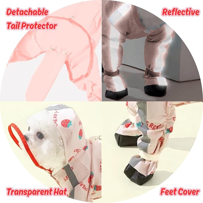 Small Dog Raincoat, Tail Protect Feet Cover Waterproof Dog Rain Jacket for Puppy Small Dogs (Strawberry, XXL)