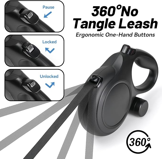 26ft Heavy Duty Retractable Dog Leash for Large Dogs, Dog Leash with Poop Bag Holder, Up to 100lbs, Chew Proof Cable, One-Handed Pause & Lock, 360° No Tangle. (26 ft, Black)