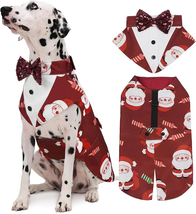 Kuoser Christmas Dog Tuxedo Dogs Suit and Bandana Set, Santa Claus Doggy Christmas Outfit Adjustable Pet Xmas Costume with Bow Tie for Large Medium Small Dogs Golden Retriever Samo Bulldogs, Red 2XL