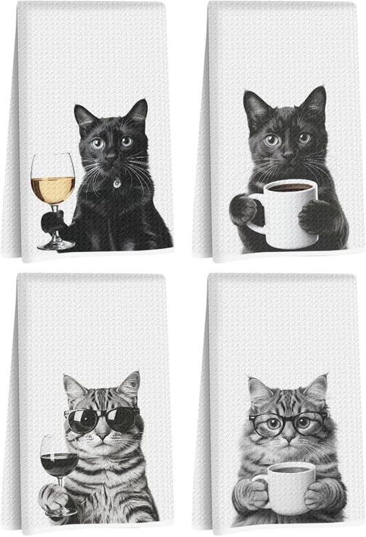 4 Pcs Funny Cat Kitchen Towels 24x14 Inch, Funny Reusable Dish Towels for Kitchen Coffee Station Wine Bar Decor, Waffle Weave Absorbent Hand Cloth Tea Towel, Cat Lover Gifts for Women Mom Friend