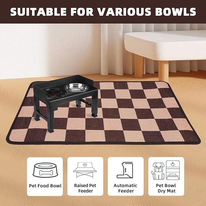 PUPTECK Dog Food Mat, Absorbent Pet Cat Feeding Mat for Food and Water Bowls, Anti-Slip Dog Placemat for Floors Waterproof, Pet Supplies Accessories, Brown & Khaki Checkered S